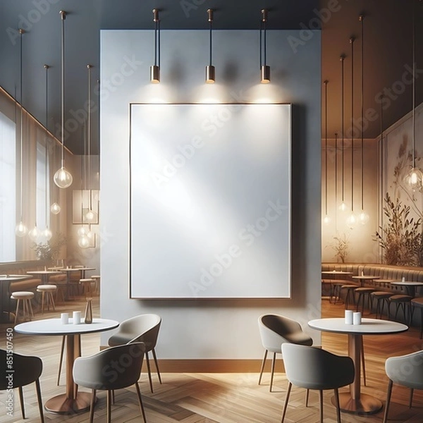 Fototapeta A space for restaurants cafe drinks and fast food room with poster mockup white combined with tables and chairs and a large white poster on the wall creative.