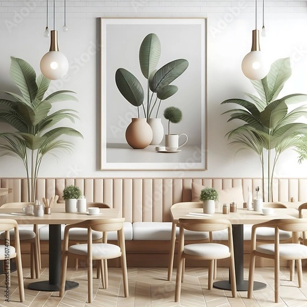 Fototapeta A space for restaurants cafe drinks and fast food room with poster mockup white combined with tables and chairs and a picture of a painting of plants unique.