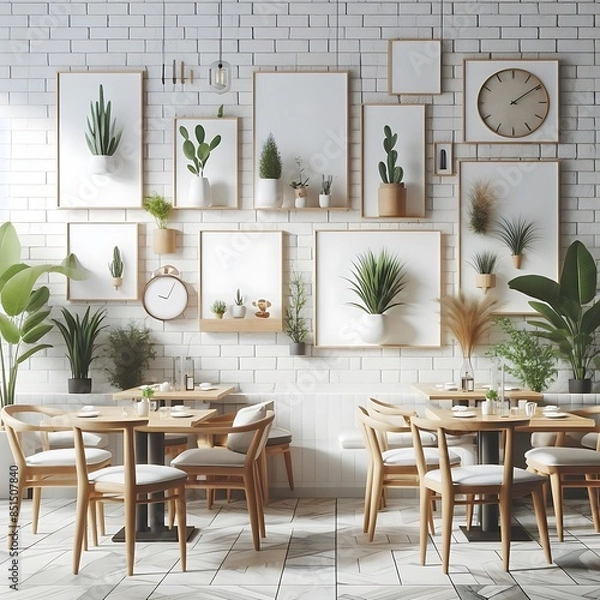 Fototapeta A space for restaurants cafe drinks and fast food room with poster mockup white combined with tables and chairs and plants creative unique engaging.