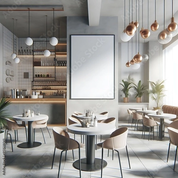 Fototapeta A space for restaurants cafe drinks and fast food room with poster mockup white combined with tables and chairs informative optimized professional.