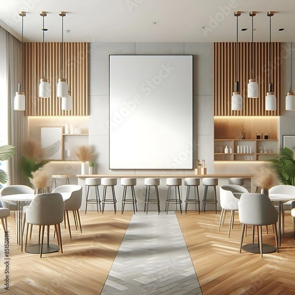 Fototapeta A space for restaurants cafe drinks and fast food room with poster mockup white combined with tables and chairs informative optimized Vibrant.