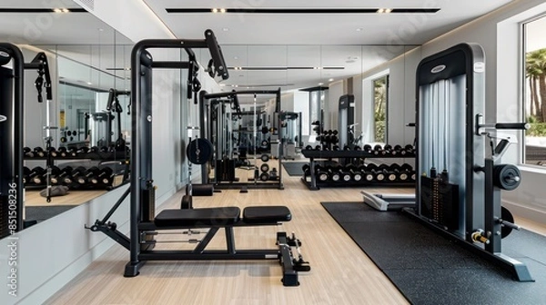 Fototapeta modern home gym with sleek equipment, a mirrored wall, and ample space for various workouts