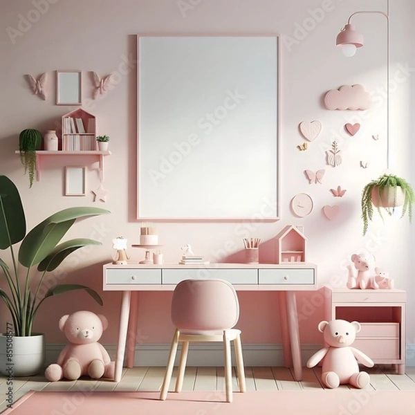 Fototapeta A pink room with a desk chair and A chair and poster mockup and a picture frame decoration informative unique creative engaging.