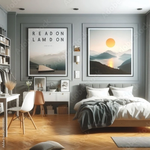 Fototapeta Bedroom sets have template mockup poster empty white with Bedroom interior and a desk and a picture on the wall art photo photo attractive.