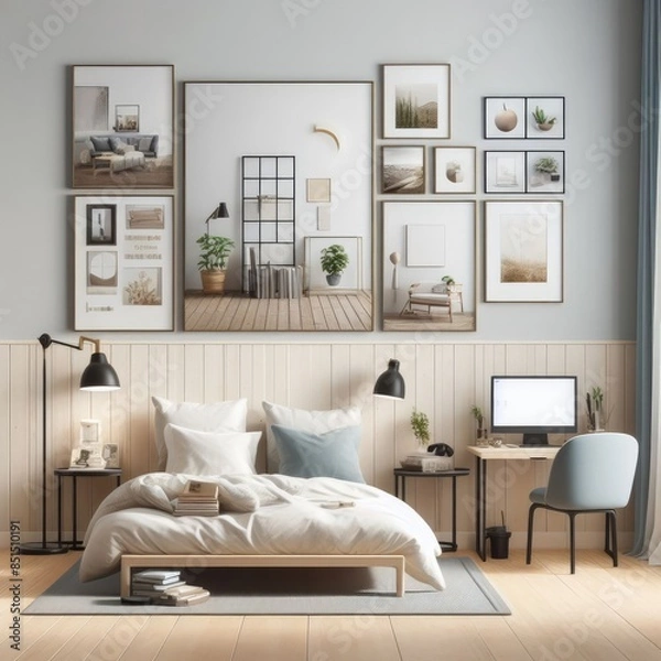 Fototapeta Bedroom sets have template mockup poster empty white with Bedroom interior and a computer image art attractive lively card design.
