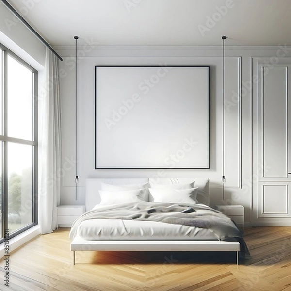 Fototapeta A white bedroom style interior set design have mockup poster empty white with a large window creative Vibrant creative unique optimized.