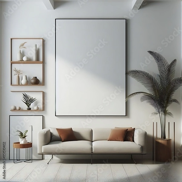 Fototapeta A white couch and a plant in A room style interior set design creative unique unique.