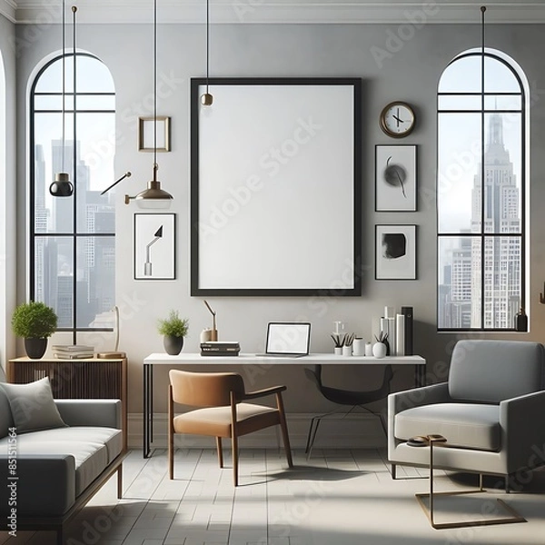 Fototapeta A work office room There is an poster empty white with a desk and chairs and a picture frame decoration highquality engaging unique optimized.