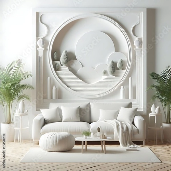 Obraz A white room with a couch and a round wall with plants creative informative creative Vibrant.