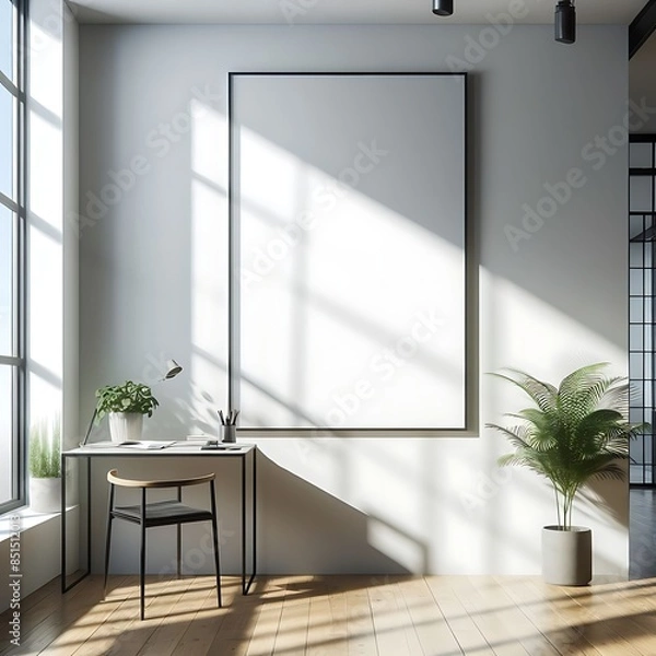 Obraz A white room with a desk and A chair and poster mockup creative informative creative engaging unique.