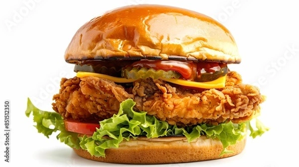 Obraz Fresh crispy fried chicken burger flying ingredients