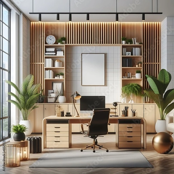 Obraz A work office room There is an poster empty white with a desk and A chair and poster mockup highquality unique informative optimized optimized.