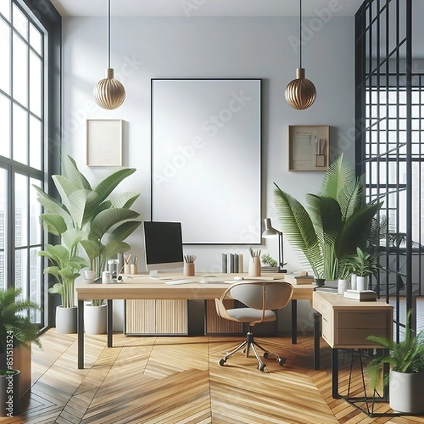 Obraz A work office room There is an poster empty white with a desk and plants highquality engaging creative engaging optimized.