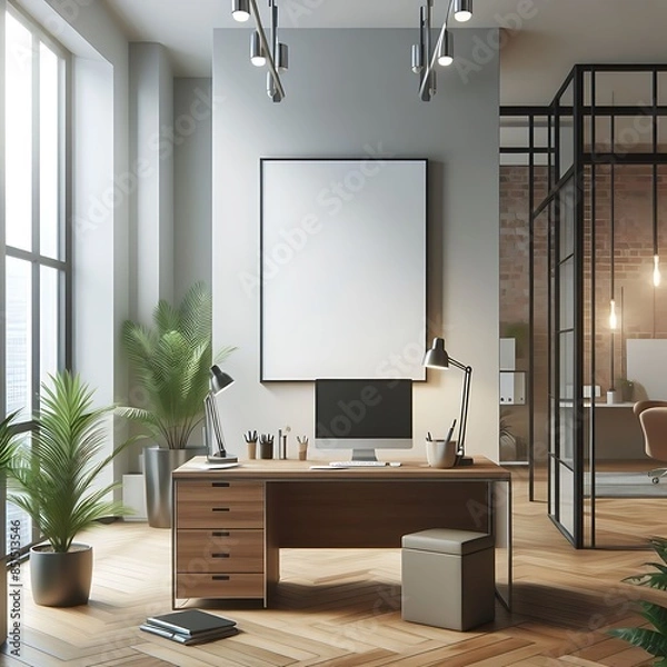 Obraz A working room there is an poster empty white with a computer and plants highquality engaging creative unique Vibrant.