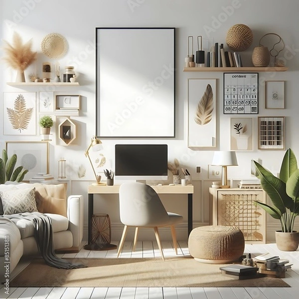 Obraz A working room there is an poster empty white with a computer desk and A chair and poster mockup highquality engaging highquality creative highquality Vibrant.