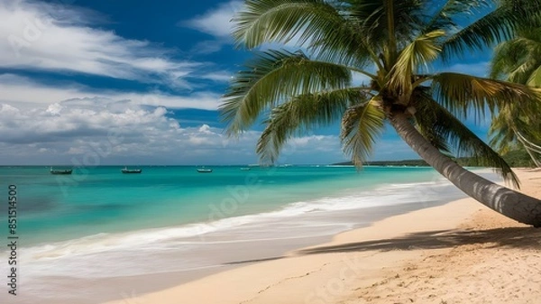 Obraz beautiful beach with palm trees and a beautiful mountain with a cloudy sky.