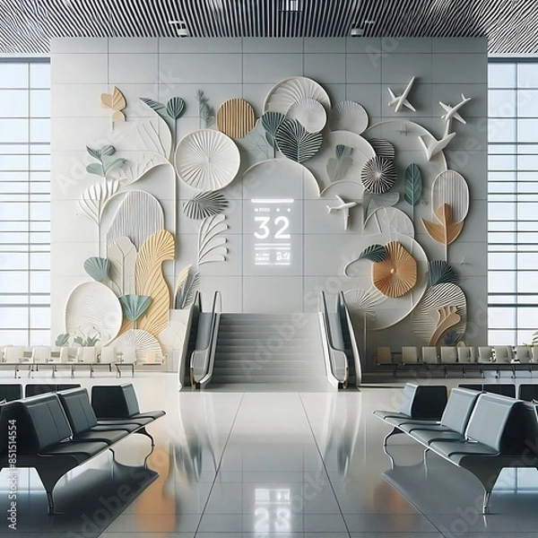 Obraz Modern commercial building interior with A large blank white screen and brown wall with a staircase and chairs engaging optimized.
