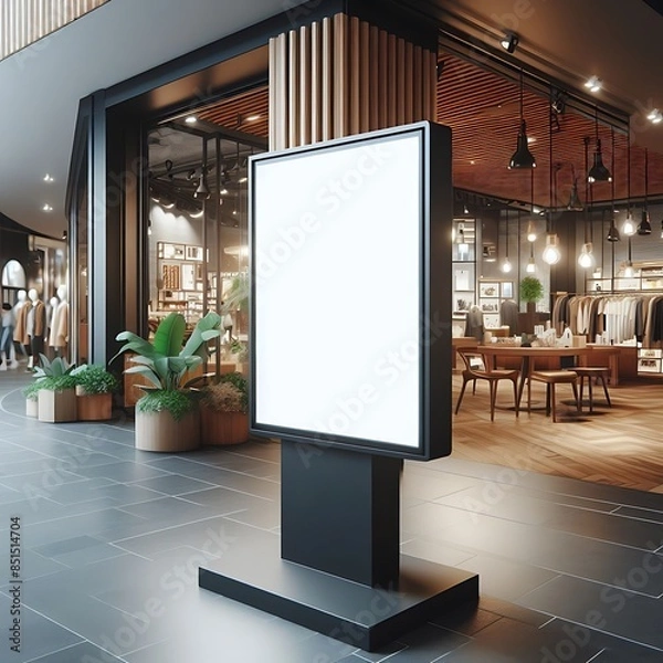 Fototapeta Modern commercial building interior with A large blank white screen sign in A store style interior set design informative engaging informative.