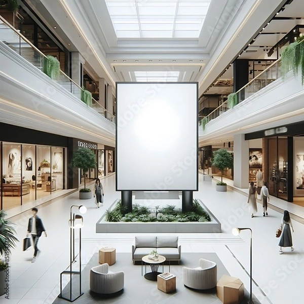 Obraz Modern commercial building interior with A large blank white screen billboard in a mall eyecatching realistic.