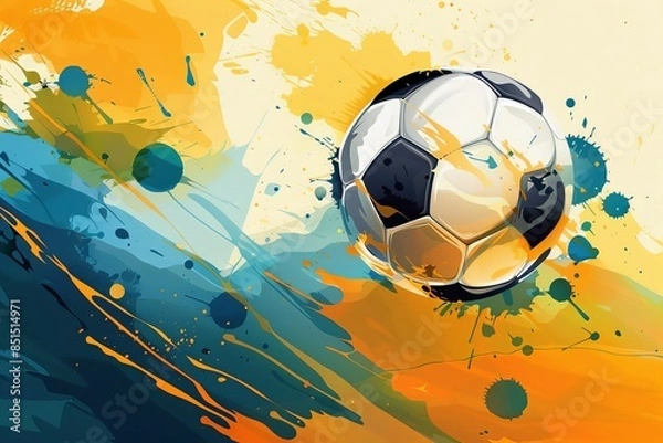 Fototapeta 3D rendering of a black and white soccer ball burning with hot splash on a yellow and blue background under a spotlight background.