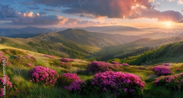 Fototapeta A panoramic view of the Carpathian Mountains at sunrise, with colorful rhodendron flowers blooming on grassy hills and mountains in the background