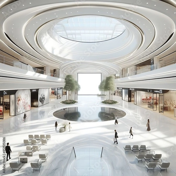 Obraz Modern commercial building interior with A large blank white screen building with a circular ceiling and a large pool creative.