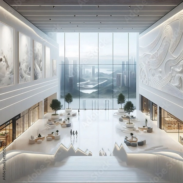 Obraz Modern commercial building interior with A large blank white screen building with a large window engaging.