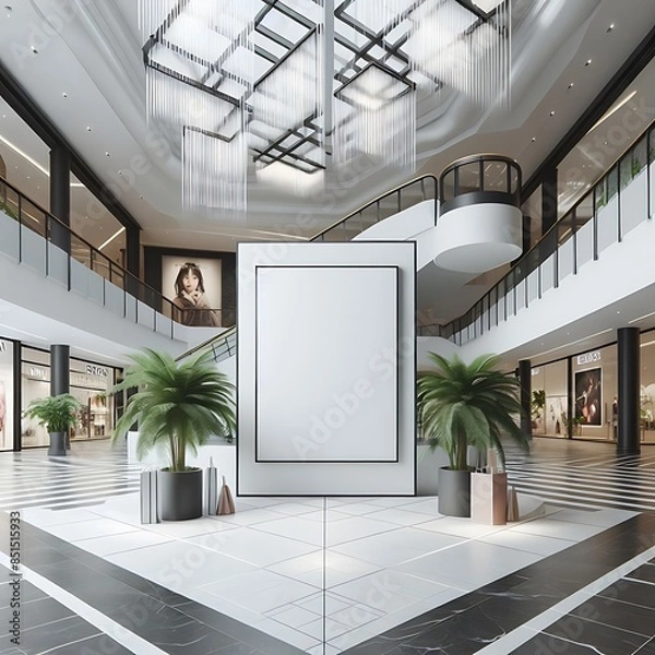 Obraz Modern commercial building interior with A large blank white screen rectangular frame in a mall Vibrant creative engaging.