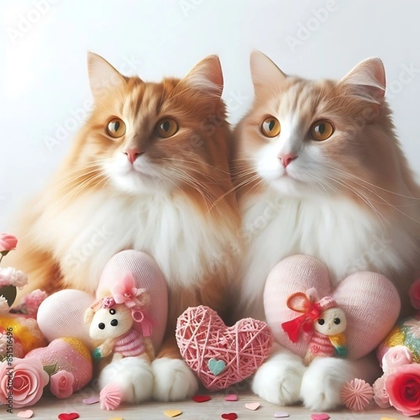 Obraz Two cat design graphics with stuffed hearts and flowers Art.