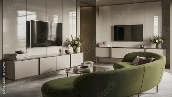 Obraz Modern Minimalist Open-Concept Home Interior with Panoramic Glass Walls