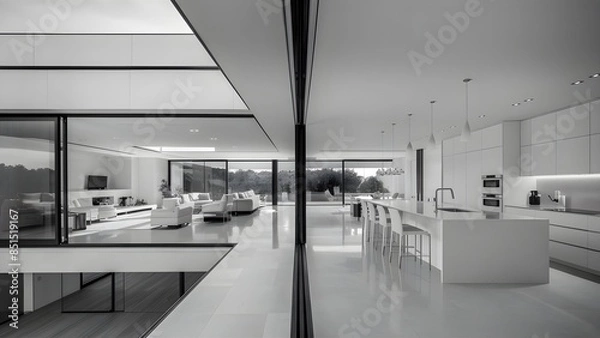 Obraz Modern Minimalist Open-Concept Home Interior with Panoramic Glass Walls