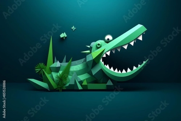 Fototapeta Crocodile in Impressionism flat design, side view, swamp theme, 3D render, analogous color scheme