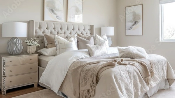 Fototapeta serene bedroom with soft, neutral tones, plush bedding, and minimalist decor promoting relaxation and tranquility