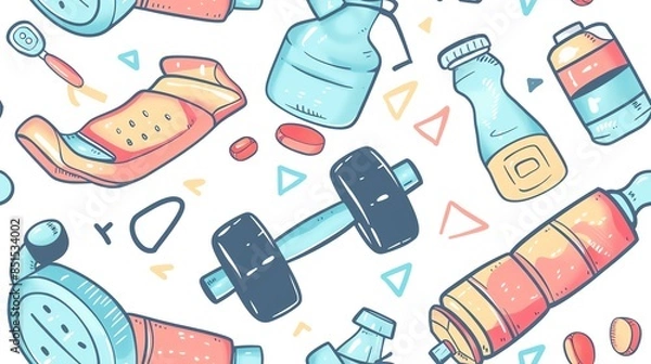 Fototapeta Design a seamless pattern featuring fitness elements like dumbbells, water bottles, and yoga mats