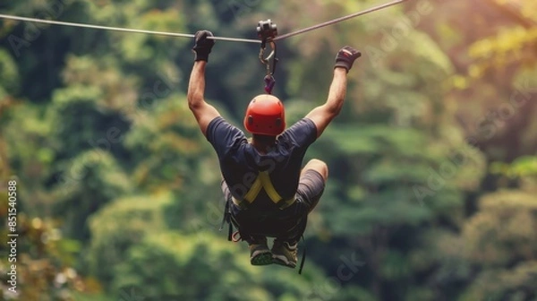 Fototapeta Man ziplines through Costa Rican rainforest on thrilling adventure. Concept Travel, Adventure, Costa Rica, Rainforest, Ziplining