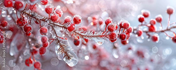Fototapeta astract art of frozen red berries and christmas pine tree branches in ice block