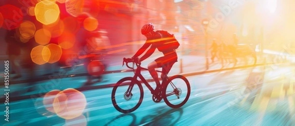 Fototapeta Silhouette of a cyclist riding through a vibrant, sunlit city street.