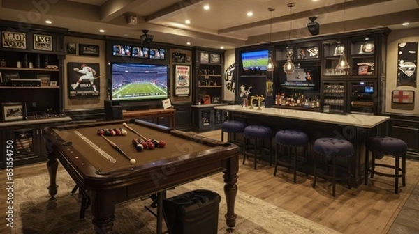 Fototapeta stylish man cave with a high-tech entertainment system, sports memorabilia, and a bar area for hosting game nights