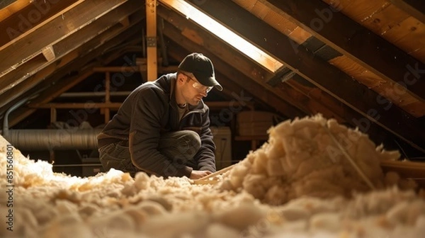 Fototapeta Worker Inspecting Attic Insulation Installation