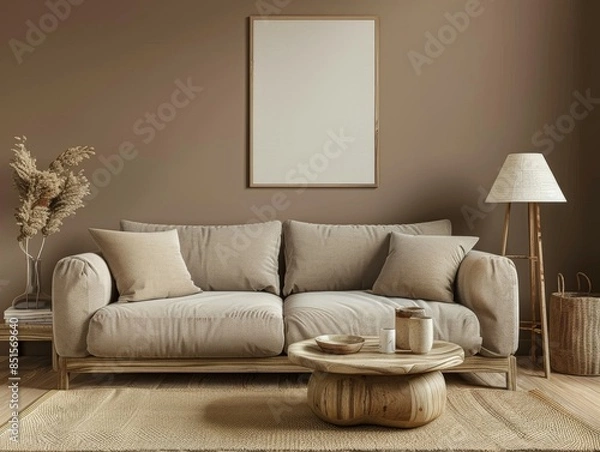 Fototapeta Scandinavian Inspired Living Room, Beige Sofa with Armrests and Coffee Table in Minimalist Design Featuring Natural Materials and Simple Shapes