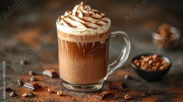 Fototapeta An appetizing hot chocolate drink topped with whipped cream and drizzled with chocolate, with nuts in the background