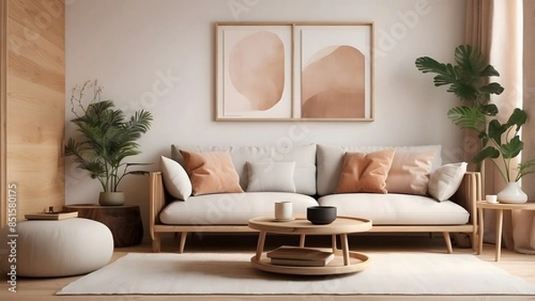Fototapeta Mockup poster frame design, minimalist  wall art mockup interior design, light brown color theme home decor poster mockup interior design