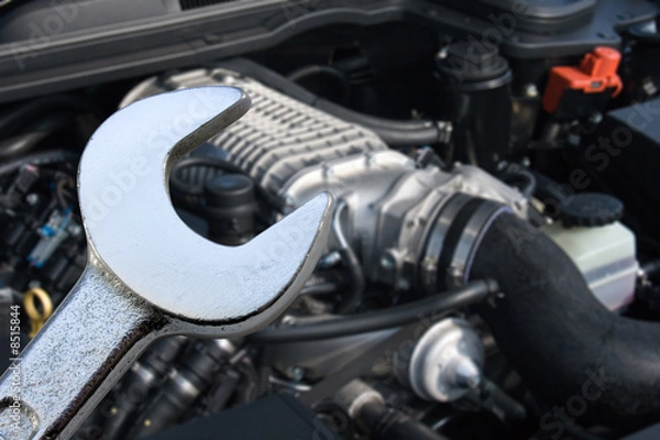 Fototapeta V8 Supercharged car engine and spanner