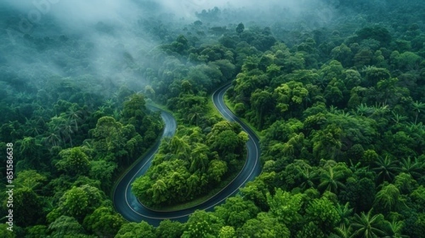 Fototapeta Winding Road Through Misty Forest
