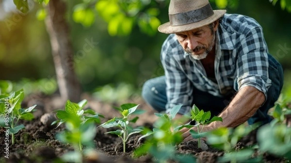 Fototapeta A farmer in a hat tends to young sprouts in fertile soil, demonstrating agriculture and growth