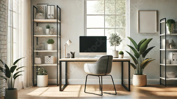Fototapeta A clean, modern workspace with natural light, stylish furniture, and simple decor.