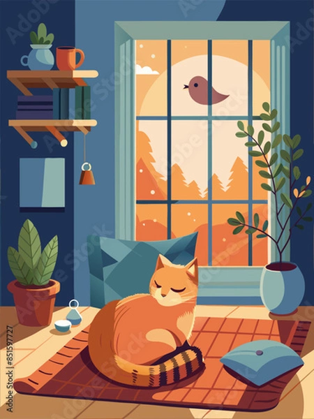 Fototapeta A cat is sleeping on a rug in front of a window. The cat is orange and has black stripes. The room is decorated with a few potted plants and a vase
