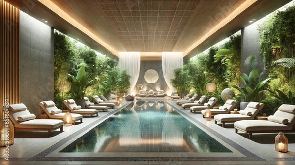 Fototapeta A serene indoor pool surrounded by lush greenery, with comfortable lounge chairs and soft ambient lighting.