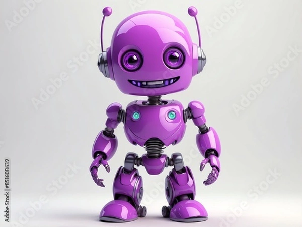 Fototapeta smiling purple robot cyborg cute d art illustration in plain white background
