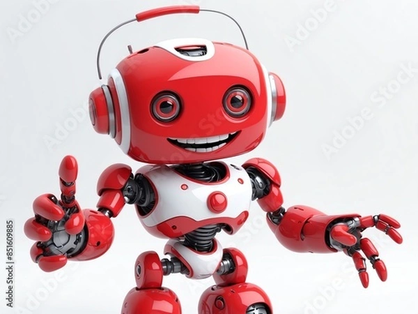 Fototapeta smiling red robot cyborg cute d art illustration in plain white background